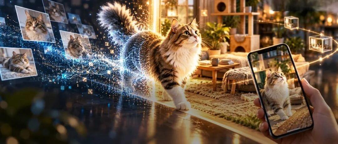 A consumer phone displaying a 4D digital cat reconstructed from photographs — the first native 4D world model on mobile hardware